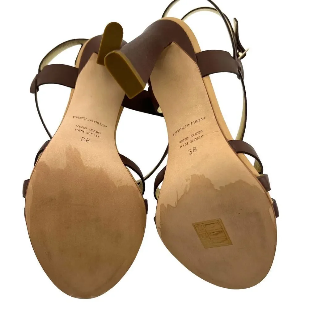 New DSQUARED 2 Women US 8 Brown Shoes Leather Heels Ankle Strap Pump Sandals